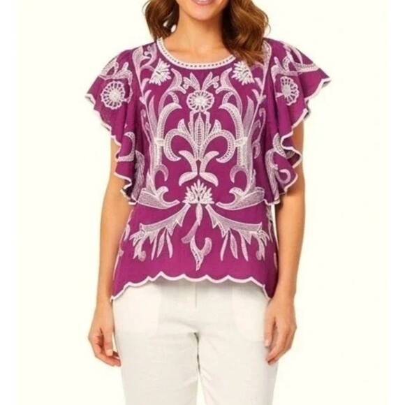 Solitaire Tops - Solitaire Blouse Large Pink Embroidered Boho Crochet Shirt Festival Hippie Top